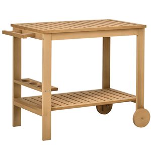 Chariot de service extérieur en bois à roulettes avec 2 étagères et porte-bouteilles pour jardin, salle à manger, mobilier de patio - Product Image 1