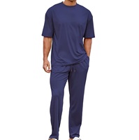 Ensemble T-shirt et pantalon décontracté bleu marine pour homme, taille élastique avec cordon de serrage, tricot léger et respirant, idéal pour l'été