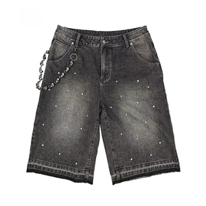 Short en jean vintage délavé personnalisé avec strass, pierres précieuses et chaînes, taille mi-haute, coupe ample, style streetwear unisexe - Product Image 1