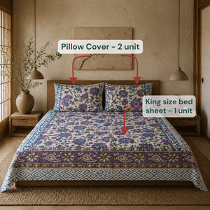 Jaipur Hand Made <b>Block</b> Printed Intricate Floral Bedsheet Set 3 PC King Size 100% Cotton 200TC Machine Washable Soft Durable - Product Image 6