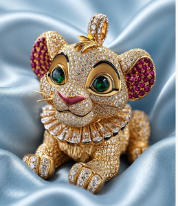 Pendentif Lion en Moissanite Dorée avec Charme Animal, Œil Vert et Oreille Rouge, Bijou Cadeau - Product Image 2