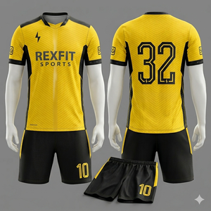 ชุดกีฬาผู้ชายสีพื้นแบบ OEM ผลิตโดย REXFIT SPORTS เสื้อฟุตบอล กางเกงขาสั้น ชุดฝึกซ้อมกีฬา ระบายอากาศได้ดี - Product Image 6