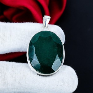 Pendentif en pierre précieuse émeraude, argent sterling 925, pendentif ovale fait main, bijoux en cristal vert, pendentif bohème en argent, vente en gros, cadeau - Product Image 1