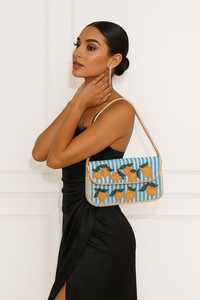 Sac à main rectangulaire en coton rayé fait main avec broderie en polyester et bordure orange, lavable, pour usage quotidien - Product Image 1
