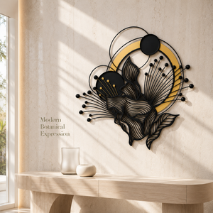 Décoration murale florale en fer, noir et or, art botanique en métal, décoration murale abstraite contemporaine, décoration intérieure - Product Image 2
