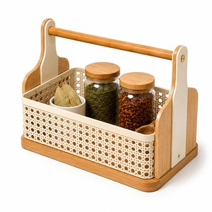 <b>Wooden</b> Metal Rattan Storage Caddy Portable Tool Organizer <b>Basket</b> Bamboo Handle Desktop Storage Box - Product Image 1
