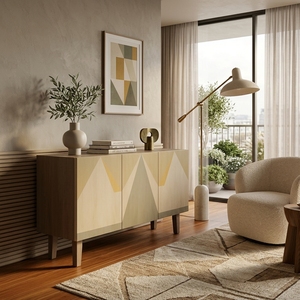 Buffet moderne en bois avec incrustation géométrique montagne, meuble TV 3 portes, meuble d'appoint pour salon, mobilier de maison - Product Image 5