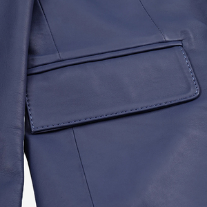 <b>Men's</b> Blue <b>Leather</b> <b>Blazer</b> Jacket Slim Fit Turn-down Collar Single Breasted Formal Style Regular Sleeve - Product Image 5