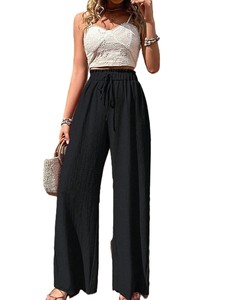 Pantalon large taille haute pour femme, décontracté, coupe ample, vert uni, en coton, séchage rapide, respirant, plissé devant, élastique, pour l'été - Product Image 6