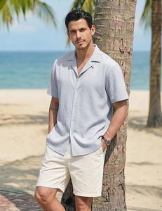 Aero Textured Mens Button <b>Down</b> Shirt Short Sleeve Cuban Shirts Lightweight Breathable Summer Beach Casual Shirt - Product Image 2