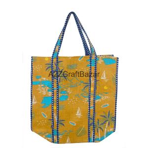 กระเป๋าผ้าฝ้ายเย็บมือลายทางพิมพ์ลายบล็อกอินเดีย หูหิ้วยาว สำหรับผู้หญิง เหมาะสำหรับใส่ของชำและช้อปปิ้ง - Product Image 4