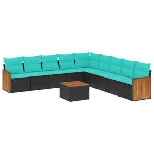 Set di divani da giardino in polyrattan nero da 10 pezzi con cuscini per divani da giardino - Product Image 2