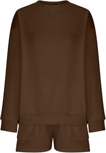 Women's Brown Two-Piece <b>Knitted</b> Cotton Shorts <b>Set</b> Casual O-Neck Full Sleeve Loose Fit Solid Color Spring Summer Wear Pockets - Product Image 4
