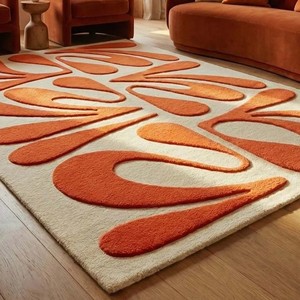 Tapis de luxe en laine orange ivoire, fait main, contemporain, tufté, adapté aux animaux domestiques, extra épais, à poils moyens, tapis design pour salon - Product Image 3