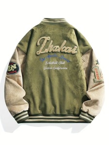 OEM Premium Quality 100% Cotton <b>Men's</b> Olive Green <b>Suede</b> Varsity <b>Jacket</b> Embroidered Letter A Patch Design Streetwear Regular Fit - Product Image 6