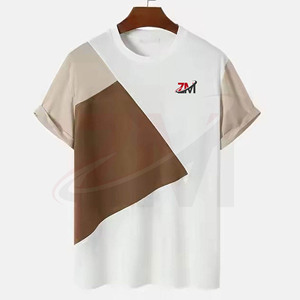 เสื้อยืดผู้ชายลายเรขาคณิตสีสันตัดกัน คอโอ แขนสั้น สไตล์ลำลอง ทรงปกติ ผ้าถักนิตติ้ง 100% ผ้าฝ้าย ขายส่งตามเทรนด์ - Product Image 1
