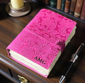 Handmade <b>Leather</b> Journal - Vintage White Deckle Edge Paper, Pink Flower <b>Book</b> - Product Image 2