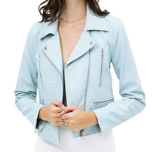Veste moto en cuir PU bleu clair avec fermeture éclair, col rabattable, coupe ajustée, unisexe, pour l'automne - Product Image 1