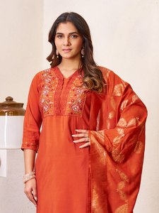 Women's Orange Roman <b>Silk</b> Traditional <b>Kurta</b> Set Hand Embroidered Dupatta Casual Wear India Pakistan Ankle-Length Regular Fit - Product Image 5