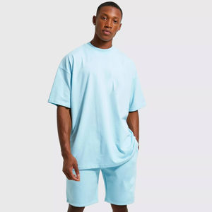 Ensemble décontracté été unisexe, t-shirt et short à taille élastique, couleur unie, imprimé, 100% coton, pour homme - Product Image 2