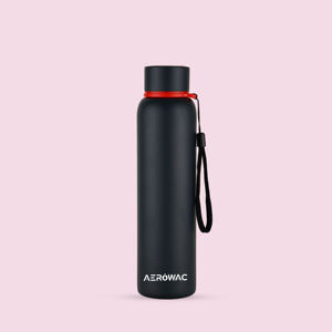 Bouteille d'eau isotherme portable en acier inoxydable noir, réutilisable, avec sangle de transport - Product Image 1