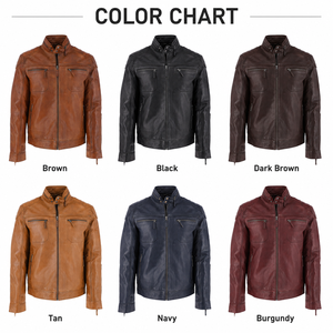 <b>Men's</b> Casual Brown Genuine Pu Leather Moto <b>Jacket</b> Stand Collar Zipper Closure Regular Fit Autumn OEM Service - Product Image 5