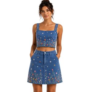Customized Denim Blue Women Embroidered Crop Top and Skirt <b>Set</b> Floral Summer Two Piece Outfit Custom Logo OEM Wholesale Apparel - Product Image 1