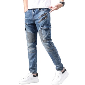 Jeans de Mezclilla Cargo para Hombre, Color Azul Sólido, Corte Ajustado, Cintura Media, Estilo Motociclista, con Cierres y Bolsillos, para Otoño, Tela de Algodón - Product Image 4