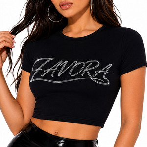 High Quality Slim Fit Crop <b>Top</b> Custom Letter Print Rhinestones Summer Workout Shorts Logo Decorated with Diamonds Women's Shirts - Product Image 5