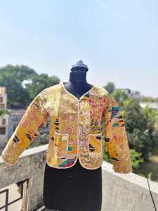 Traditional Patchwork Cotton <b>Quilted</b> Reversible Bomber <b>Jacket</b> with Hooded Collar Animal Print Eco-Friendly Features for Women - Product Image 5
