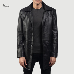 Manteau long en cuir noir pour homme RELEVO INDUSTRIES, col rabattu, simple boutonnage, coupe-vent décontracté, vêtement d'automne pour homme - Product Image 1