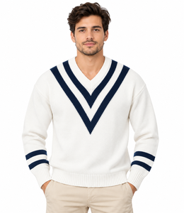 Suéter de Punto Premium Livster para Hombre, Cuello en V, Color Blanco Invernal, Rayas Chevron Azul Marino, Manga Larga, Logotipo Frontal, Talla XL - Product Image 1