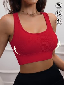 Seamless Ribbed Band Fitness Crop Top | Scoop Neck Racerback <b>Running</b> Sports Bra | Ladies <b>Padded</b> Compression Exercise Wear - Product Image 1