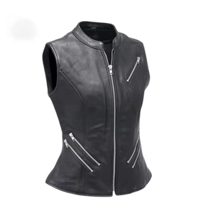 Chaleco de Motociclista para Mujer, de Cuero Genuino, Impermeable, Cortavientos, con Relleno de Algodón, Logotipo Bordado y Cuello Alto - Product Image 4