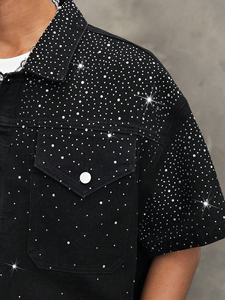 Rhinestone Denim <b>Shirt</b> <b>Mens</b> All Over Sparkle Glitter Washed Black Bling Embellished Short Sleeve Boxy Oversized - Product Image 4