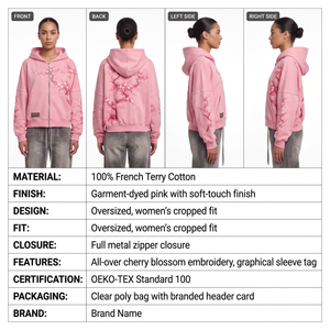 Sweat-shirt à capuche rose brodé de fleurs pour femme, imprimé intégral personnalisé, coupe oversize, pour le marché américain, OEM - Product Image 6
