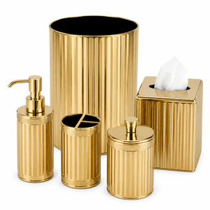 Modern Brushed Gold <b>Bathroom</b> Accessories <b>Set</b> 6-Piece Fluted Metal Soap Dispenser Toothbrush Holder <b>Toilet</b> <b>Brush</b> Waste <b>Bin</b> - Product Image 5