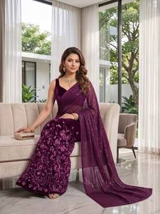 Women's <b>Purple</b> <b>Glitter</b> Print Saree With Floral Design Traditional Indian Wear For Wedding Floor-Length Regular Fit Stretchable S - Product Image 3