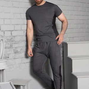 Men's Gray Short Sleeve Stand <b>Collar</b> <b>T</b>-<b>Shirt</b> Full Length Pants Solid Color Casual Streetwear Lightweight Eco-Friendly Tracksuit - Product Image 2