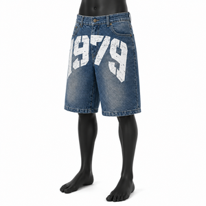 Shorts en jean pour homme de qualité supérieure avec imprimé 1979, taille mi-haute, style décontracté, en toile, avec fermeture boutonnée et poches - Product Image 2