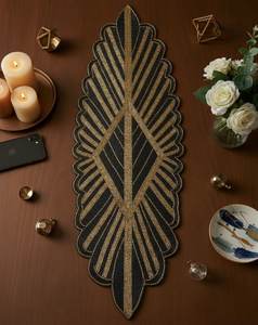 Leaf Shaped Fabric <b>Table</b> Runner Black Gold Bohemian Handmade Mat Decorative Placemat for <b>Table</b> Centerpiece - Product Image 2