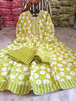 Ensemble Kurta Anarkali pour femmes, long, en toile imprimée de fleurs brodées, en coton non tissé, avec pantalon et dupatta |   Vêtements ethniques |   Taille Plus 3XL-6XL