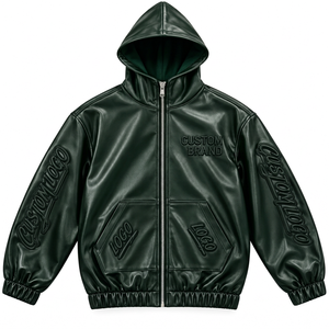 Custom <b>Men's</b> <b>Faux</b> <b>Leather</b> Hoodie <b>Jacket</b> with Embossed Logos Full Zip Urban Casual Streetwear Outerwear - Product Image 1
