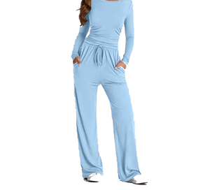 Women Solid Color Full Length <b>Jumpsuit</b> Crew Neck Long Sleeve Drawstring Waist Casual Style Lightweight Spandex Cotton Wholesale - Product Image 5