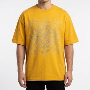 Men's Red Oversized T-Shirt Geometric Rhinestone Pattern Short Sleeve O-Neck Street Style Jersey Cotton Front <b>Logo</b> 320g Knitted - Product Image 5