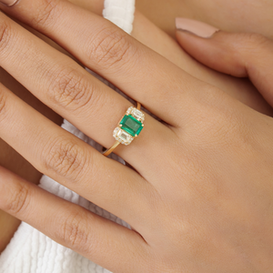 Productos en Oferta, Anillo Elegante de Oro Amarillo Puro de 14K con Esmeralda y Diamantes, Joyería para Regalo de Boda y Fiesta, Proveedor de Joyas - Product Image 2