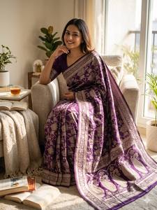 Sari en soie banarasi violette avec broderie dorée Zari, tenue traditionnelle indienne pour femmes, achetez directement auprès du fournisseur au prix de gros - Product Image 6