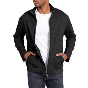 <b>Men's</b> Gray Fleece Zipper <b>Jacket</b> Stand Collar Casual <b>Long</b> Sleeve Breathable Knitted Polyester Cotton Autumn Wear - Product Image 3