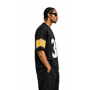 Maillot de football américain noir pour homme, numéro 32, col en V, manches courtes, polyester respirant, coupe classique, toutes saisons - Product Image 6