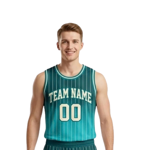 Ensemble short et maillot de basket à rayures pour homme, sans manches, personnalisable, avec ourlet contrastant et impressions du nom et du numéro du joueur - Product Image 3